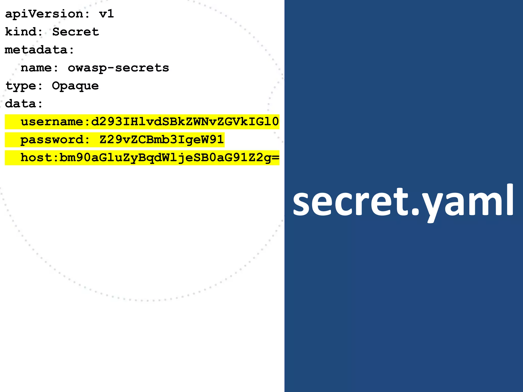 secret.yaml
apiVersion: v1
kind: Secret
metadata:
name: owasp-secrets
type: Opaque
data:
username:d293IHlvdSBkZWNvZGVkIGl0
password: Z29vZCBmb3IgeW91
host:bm90aGluZyBqdWljeSB0aG91Z2g=
 