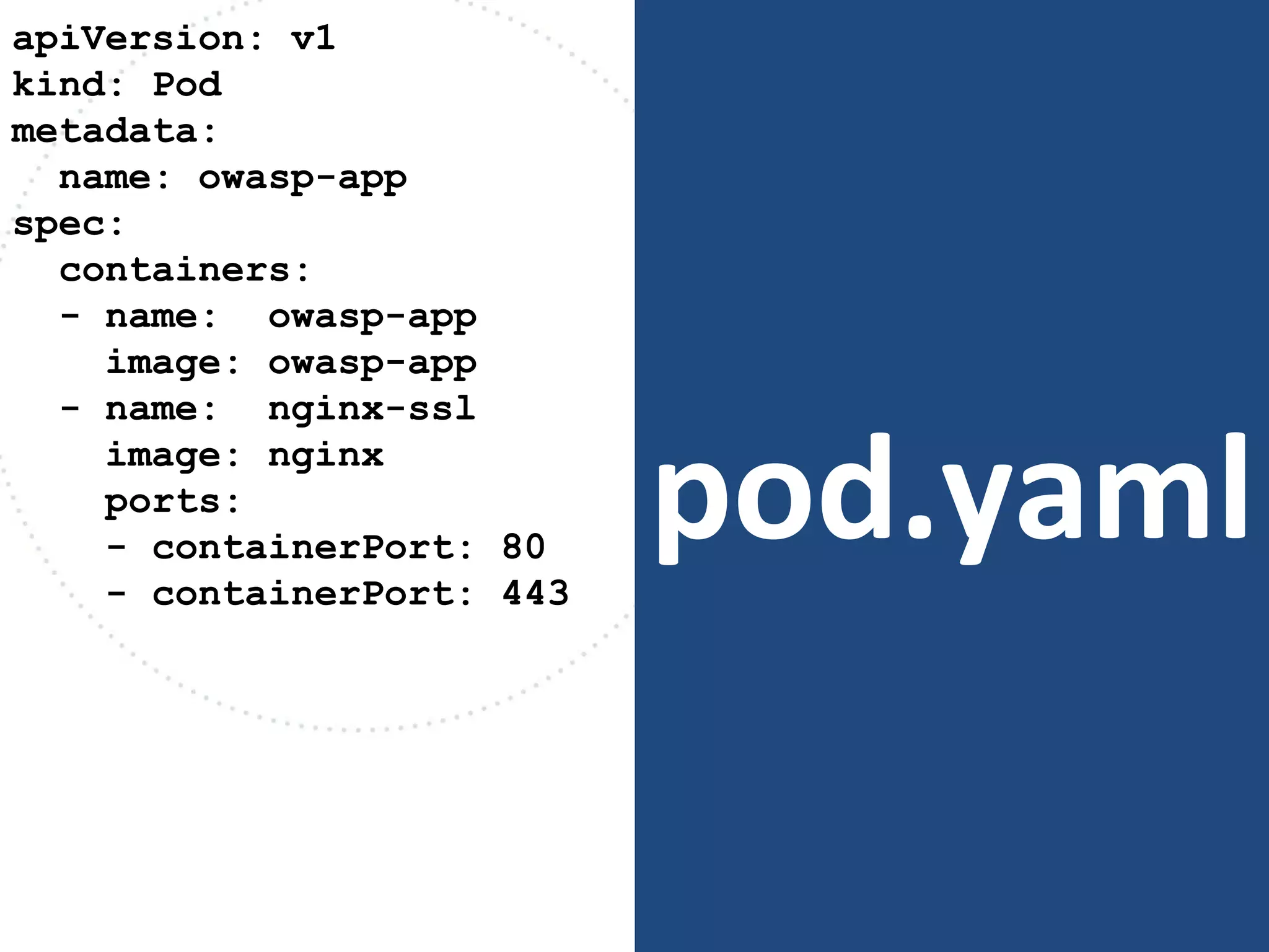 pod.yaml
apiVersion: v1
kind: Pod
metadata:
name: owasp-app
spec:
containers:
- name: owasp-app
image: owasp-app
- name: nginx-ssl
image: nginx
ports:
- containerPort: 80
- containerPort: 443
 
