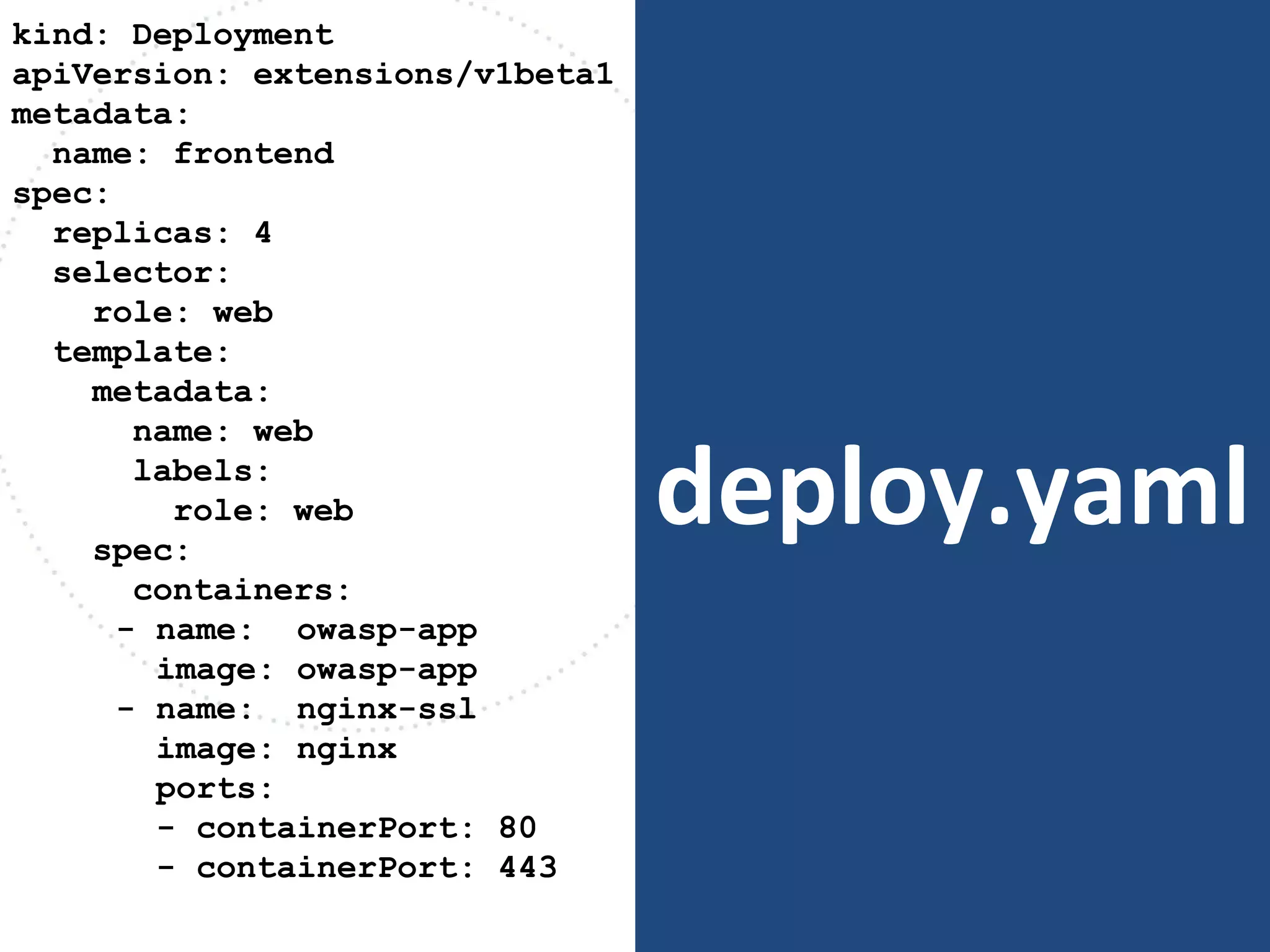 deploy.yaml
kind: Deployment
apiVersion: extensions/v1beta1
metadata:
name: frontend
spec:
replicas: 4
selector:
role: web
template:
metadata:
name: web
labels:
role: web
spec:
containers:
- name: owasp-app
image: owasp-app
- name: nginx-ssl
image: nginx
ports:
- containerPort: 80
- containerPort: 443
 