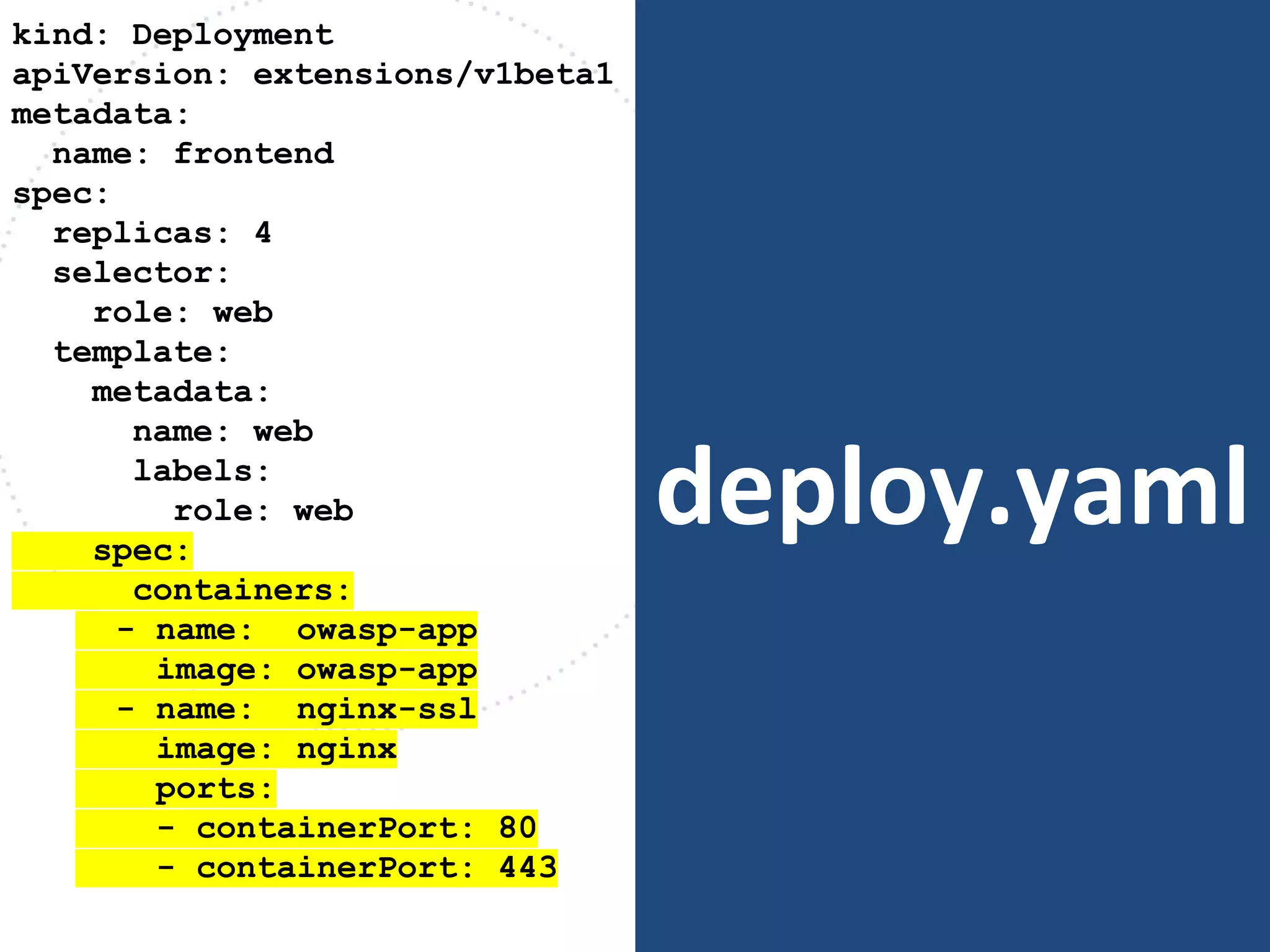deploy.yaml
kind: Deployment
apiVersion: extensions/v1beta1
metadata:
name: frontend
spec:
replicas: 4
selector:
role: web
template:
metadata:
name: web
labels:
role: web
spec:
containers:
- name: owasp-app
image: owasp-app
- name: nginx-ssl
image: nginx
ports:
- containerPort: 80
- containerPort: 443
 
