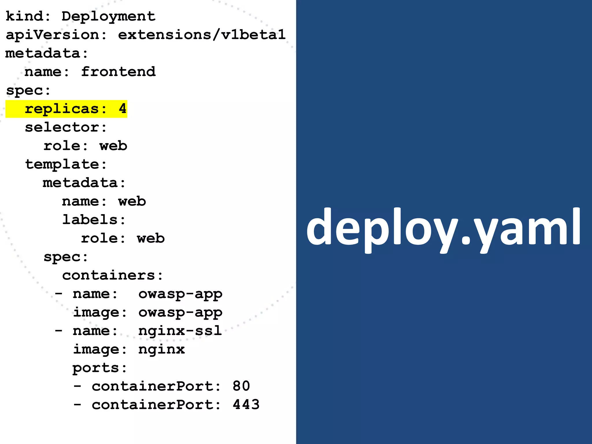 deploy.yaml
kind: Deployment
apiVersion: extensions/v1beta1
metadata:
name: frontend
spec:
replicas: 4
selector:
role: web
template:
metadata:
name: web
labels:
role: web
spec:
containers:
- name: owasp-app
image: owasp-app
- name: nginx-ssl
image: nginx
ports:
- containerPort: 80
- containerPort: 443
 