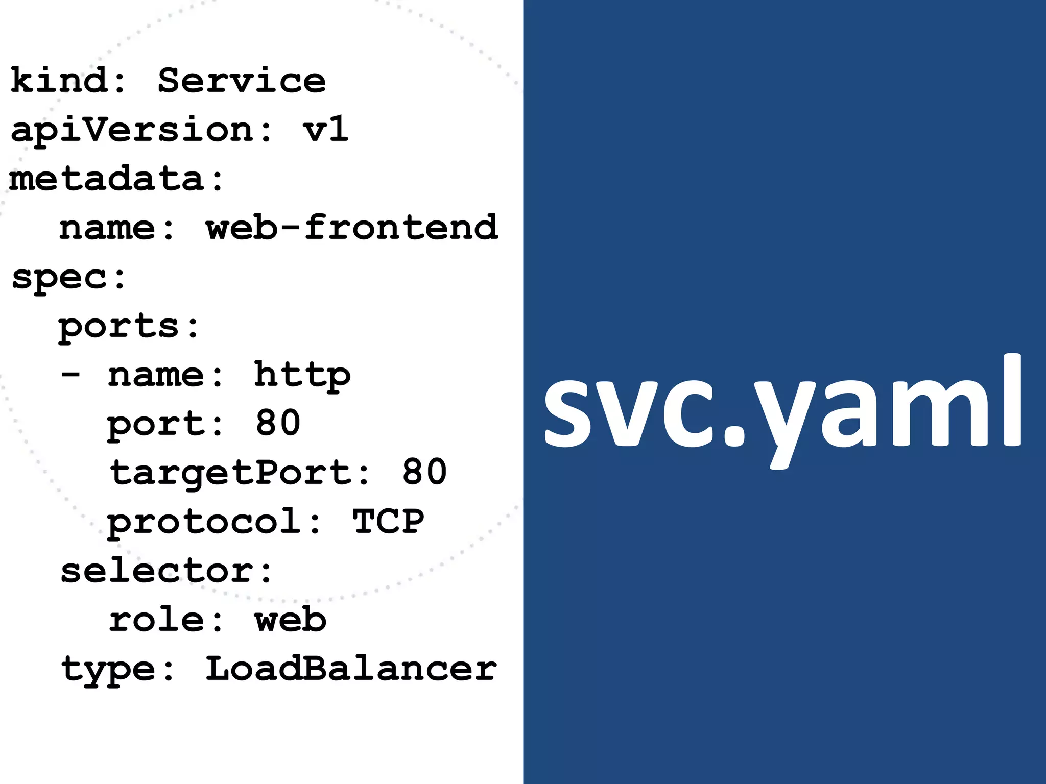 svc.yaml
kind: Service
apiVersion: v1
metadata:
name: web-frontend
spec:
ports:
- name: http
port: 80
targetPort: 80
protocol: TCP
selector:
role: web
type: LoadBalancer
 