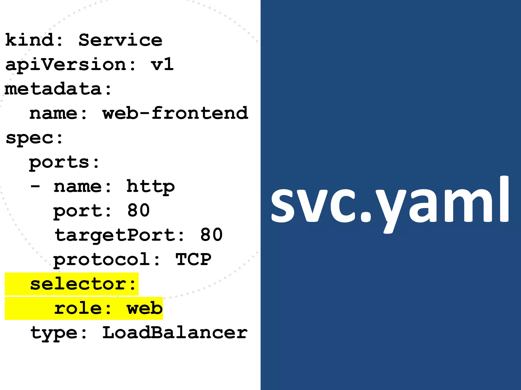 svc.yaml
kind: Service
apiVersion: v1
metadata:
name: web-frontend
spec:
ports:
- name: http
port: 80
targetPort: 80
protocol: TCP
selector:
role: web
type: LoadBalancer
 