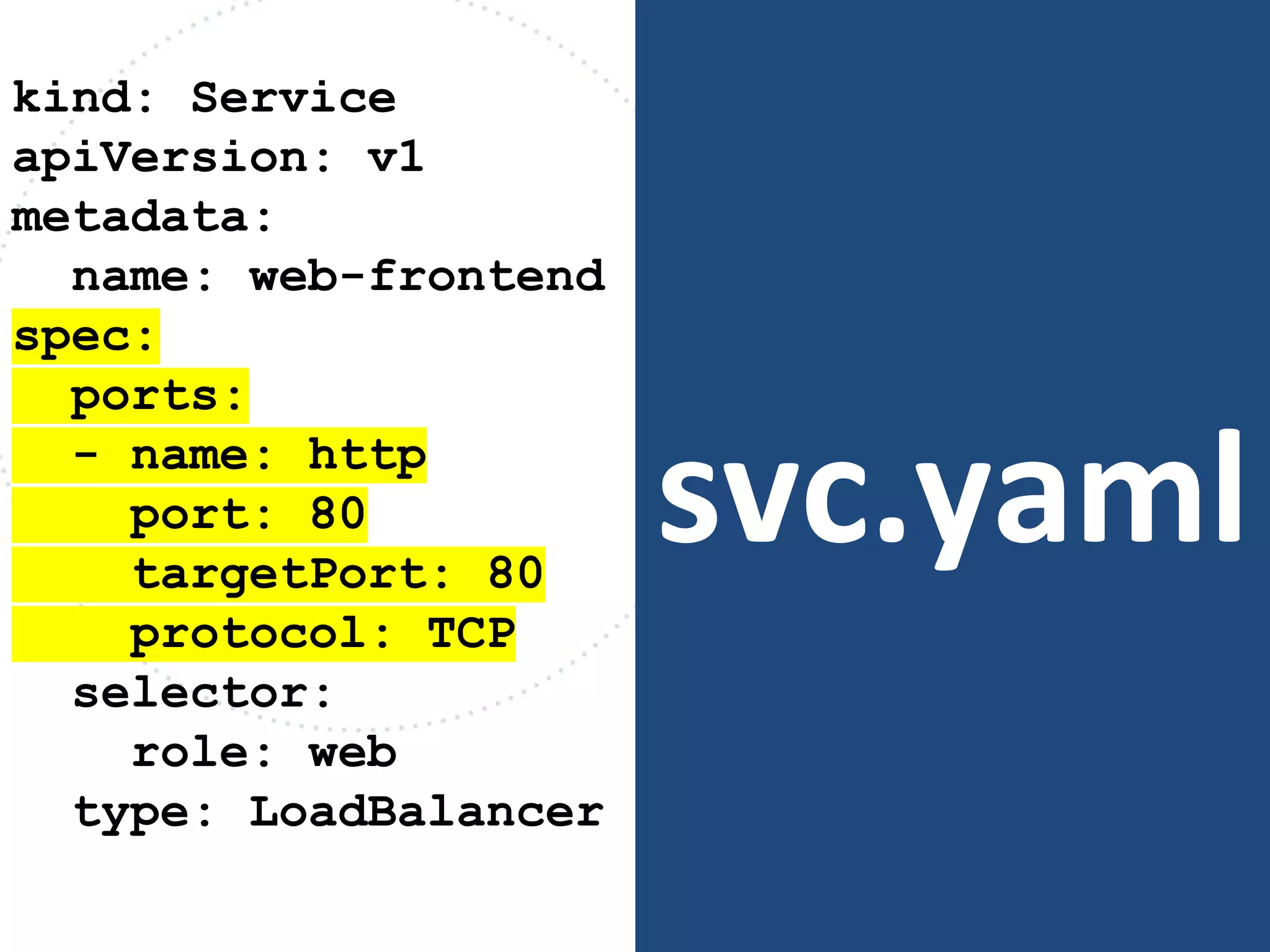 svc.yaml
kind: Service
apiVersion: v1
metadata:
name: web-frontend
spec:
ports:
- name: http
port: 80
targetPort: 80
protocol: TCP
selector:
role: web
type: LoadBalancer
 