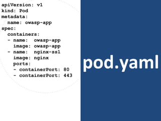 pod.yaml
apiVersion: v1
kind: Pod
metadata:
name: owasp-app
spec:
containers:
- name: owasp-app
image: owasp-app
- name: nginx-ssl
image: nginx
ports:
- containerPort: 80
- containerPort: 443
 