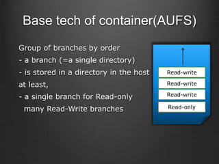 Base tech of container(AUFS)
Group of branches by order
- a branch (=a single directory)
- is stored in a directory in the host
at least,
- a single branch for Read-only
many Read-Write branches Read-only
Read-write
Read-write
Read-write
 