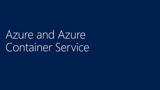 $ docker build –t {your DockerHub repository name}/{image name}
$ docker run -d hello-world
$ docker run –p 80:80 tsuyoshiushio/aservice
$ docker login
$ docker push
docker-machine create -d azure --azure-subscription-id=”{Your subscription id}" --azure-
subscription-cert=”/path/to/mycert.pem" {prefered-machine-name}
 