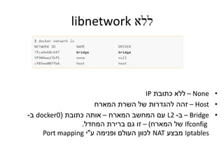 ‫ללא‬libnetwork
•None–‫כתובת‬ ‫ללא‬IP
•Host–‫המארח‬ ‫השרת‬ ‫של‬ ‫להגדרות‬ ‫זהה‬
•Bridge–‫ב‬-L2‫המארח‬ ‫המחשב‬ ‫עם‬–‫אותה‬‫כתובת‬(docker0‫ב‬-
Ifconfig‫המארח‬ ‫של‬)–‫המחדל‬ ‫ברירת‬ ‫גם‬ ‫זו‬.
Iptables‫מבצע‬NAT‫ע‬ ‫ופנימה‬ ‫העולם‬ ‫לכוון‬"‫י‬Port mapping
 