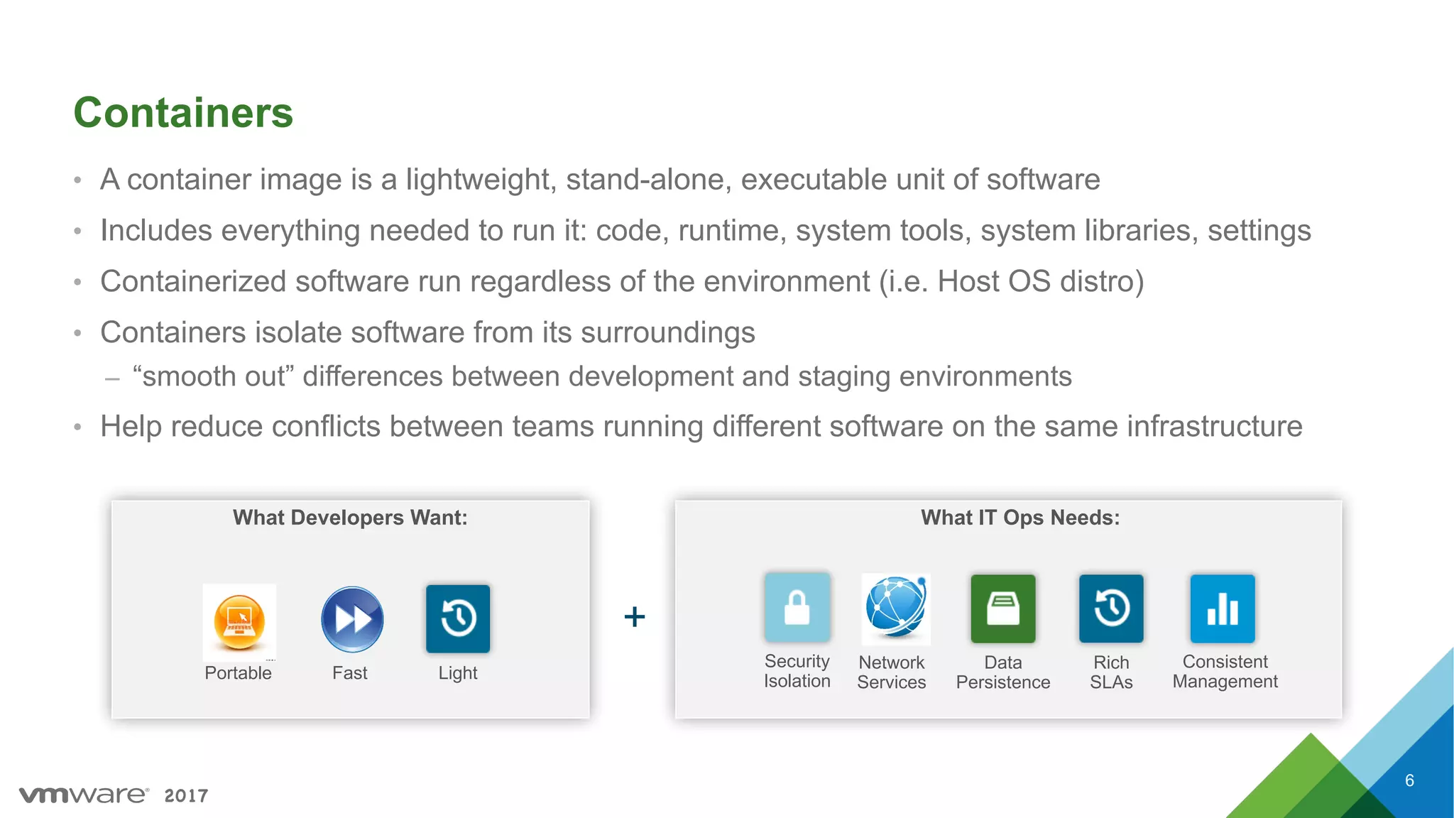 2017
Containers
• A container image is a lightweight, stand-alone, executable unit of software
• Includes everything needed to run it: code, runtime, system tools, system libraries, settings
• Containerized software run regardless of the environment (i.e. Host OS distro)
• Containers isolate software from its surroundings
– “smooth out” differences between development and staging environments
• Help reduce conflicts between teams running different software on the same infrastructure
6
What Developers Want:
Portable Fast Light
What IT Ops Needs:
Network
Services
Data
Persistence
Rich
SLAs
Consistent
Management
+
Security
Isolation
 