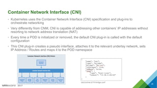 2017
Container Network Interface (CNI)
• Kubernetes uses the Container Network Interface (CNI) specification and plug-ins to
orchestrate networking
• Very differently from CNM, CNI is capable of addressing other containers’ IP addresses without
resorting to network address translation (NAT)
• Every time a POD is initialized or removed, the default CNI plug-in is called with the default
configuration
• This CNI plug-in creates a pseudo interface, attaches it to the relevant underlay network, sets
IP Address / Routes and maps it to the POD namespace
26
/etc/cni/net.d/10-bridge.conf
 