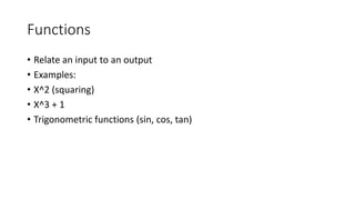 Functions
• Relate an input to an output
• Examples:
• X^2 (squaring)
• X^3 + 1
• Trigonometric functions (sin, cos, tan)
 