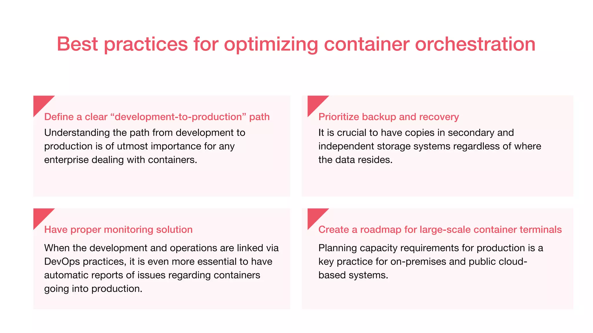 Best practices for optimizing container orchestration
Define a clear “development-to-production” path Prioritize backup and recovery
Have proper monitoring solution Create a roadmap for large-scale container terminals
Understanding the path from development to
production is of utmost importance for any
enterprise dealing with containers.
It is crucial to have copies in secondary and
independent storage systems regardless of where
the data resides.
Planning capacity requirements for production is a
key practice for on-premises and public cloud-
based systems.
When the development and operations are linked via
DevOps practices, it is even more essential to have
automatic reports of issues regarding containers
going into production.
 