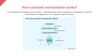 How container orchestration works?
An orchestrator tool ultimately aims to achieve – automating every aspect of application management – right from
initial placement to deployment, from scaling to health monitoring.
 