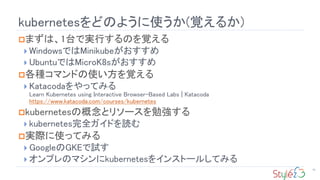 kubernetesɤΤ褦ʹ(ҙ뤫)
16
?ޤϡ1̨ǌgФΤҙ
? WindowsǤMinikube
? UbuntuǤMicroK8s
?Nޥɤʹҙ
? KatacodaäƤߤ
Learn Kubernetes using Interactive Browser-Based Labs | Katacoda
https://www.katacoda.com/courses/kubernetes
?kubernetesθȥ꥽`㏊
? kubernetesȫɤi
?gHʹäƤߤ
? GoogleGKEԇ
? ץΥޥkubernetes򥤥󥹥ȩ`뤷Ƥߤ
 