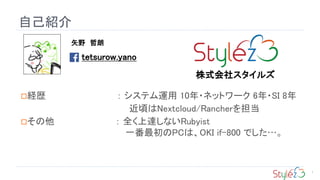 ԼB
?Us  ƥ\ 10?ͥåȥ` 6?SI 8
핤Nextcloud/Rancher򵣵
?  ȫ_ʤRubyist
һPCϡOKI if-800 Ǥ
ʸҰ 
tetsurow.yano
ʽ祹륺
1
 