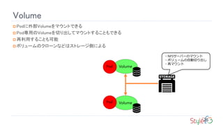 Volume
Volume
Volume
? PodⲿVolumeޥȤǤ
? PodäVolumeФƥޥȤ뤳ȤǤ
? ä뤳Ȥ
? ܥ`Υ`ʤɤϥȥ`Ȥˤ
25
Pod
Pod
?NFS`Щ`Υޥ
?ܥ`ԄФ
?٥ޥ
 