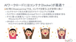 AI``ɤˤϥƥ(Docker)m
4
?AIؤDeepLearningǤϡƥʤʹȤǳ˶त
? ƥʥ`椨ǥЩ`󥢥åפ⺆g
? 饤֥`vSȤnVidiaɥ饤Щ`ȤԤȤQǤ
? ǤäNե``ΥƥʤäǤ
?Dockerƥʥ`Τ
? GPU򥪩`Щ`إåɤʤֱäǤ
?ƥʤˤVMˤ󻯥쥤`ʤ
 