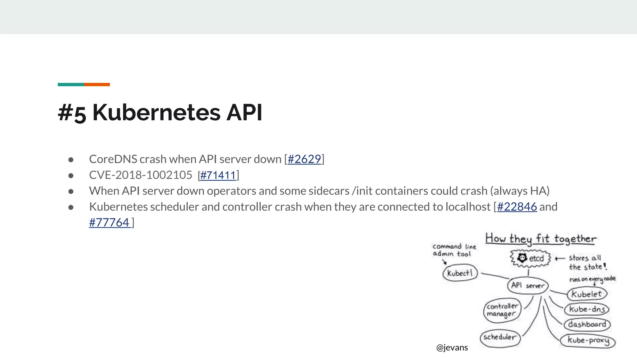 #5 Kubernetes API
● CoreDNS crash when API server down [#2629]
● CVE-2018-1002105 [#71411]
● When API server down operators and some sidecars /init containers could crash (always HA)
● Kubernetes scheduler and controller crash when they are connected to localhost [#22846 and
#77764 ]
@jevans
 