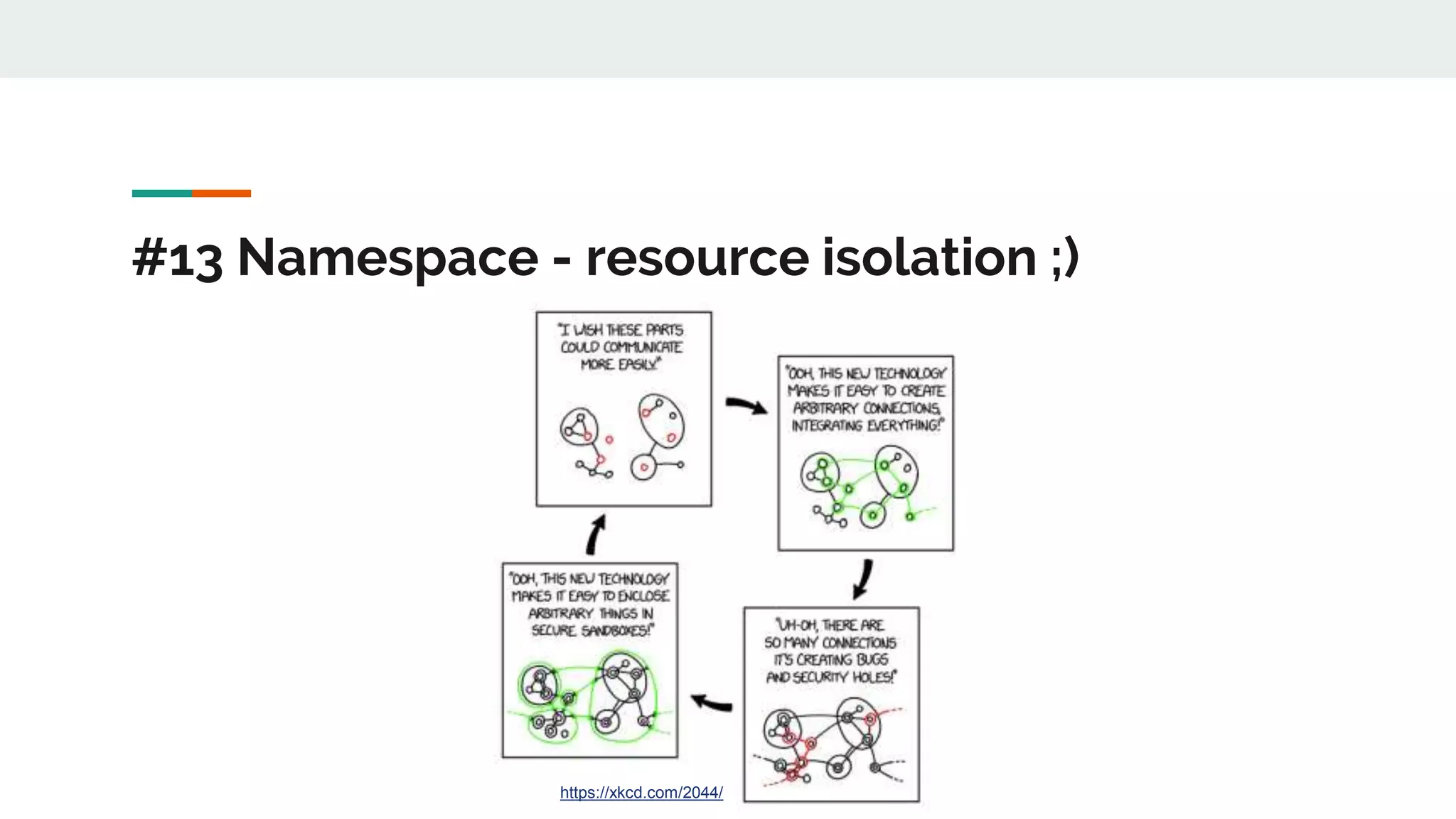 #13 Namespace - resource isolation ;)
https://xkcd.com/2044/
 