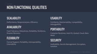 © 2016 Mesosphere, Inc. All Rights Reserved. 18
SCALABILITY
Performance, Responsiveness, Efficiency
AVAILABILITY
Fault Tolerance, Robustness, Reliability, Resilience,
Disaster Recovery
FLEXIBILITY
Format Support, Portability, Interoperability,
Extensibility
USABILITY
Familiarity, Maintainability, Compatibility,
Debuggability
PORTABILITY
Container Runtimes, Host OS, Hosted, Cloud, Bare-
Metal
SECURITY
Auditability, Secrets Management, Encryption,
Isolation
NON-FUNCTIONAL QUALITIES
 