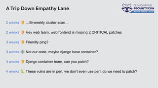 A Trip Down Empathy Lane
2 weeks 🛡 …Bi-weekly cluster scan…
2 weeks 🛡 Hey web team, webfrontend is missing 2 CRITICAL patches
3 weeks 🛡 Friendly ping?
3 weeks 🕸 Not our code, maybe django base container?
3 weeks 🛡 Django container team, can you patch?
4 weeks 🐍 These vulns are in perl, we don’t even use perl, do we need to patch?
 