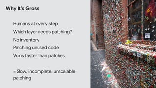 Why It’s Gross
Humans at every step
Which layer needs patching?
No inventory
Patching unused code
Vulns faster than patches
= Slow, incomplete, unscalable
patching
 