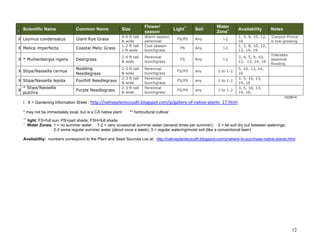 12
I
Scientific Name Common Name Size
Flower/
season
Light**
Soil
Water
Zone+ Availability Notes
X Juncus mexicanus Mexican Rush
< 1 ft tall
& wide
Perennial
rhizome rush
FS
Any incl.
salty
1-2 to 2-3 3, 10, 14, 16
X Juncus patens Common Rush
1-3 ft tall
& wide
Spreading/
bunching
perennial
rush
FS Any 2-3 to 3
1, 3, 8, 9, 12,
13, 19
‘Carmen’s Gray’
is blue-gray
X Juncus textilis Basket Rush
3-5 ft tall
3-8 ft
wide
Spreading/
bunching
perennial
rush
FS/PS Any 2-3 to 3 1, 14
Showy; Good
for wet planter,
pondside
X Juncus xiphioides Iris-leaf rush
1 ½ ft tall
spreading
Spreading
rush
FS/PS Any 1-2 to 3 2, 3, 8, 13, 16
Best contained
if watered
X Leymus condensatus Giant Rye Grass
4-6 ft tall
& wide
Warm season
perennial
FS/PS Any 1-2
1, 3, 9, 10, 12,
16
‘Canyon Prince’
is low-growing
X Melica imperfecta Coastal Melic Grass
1-2 ft tall
1 ft wide
Cool season
bunchgrass
PS Any 1-2
1, 3, 8, 10, 12,
13, 14, 19
Dies back
completely
X * Muhlenbergia rigens Deergrass
2-4 ft tall
& wide
Perennial
bunchgrass
FS Any 1-2
3, 4, 5, 9, 10,
12, 13, 14, 16
Tolerates
seasonal
flooding
X Stipa/Nassella cernua
Nodding
Needlegrass
2-3 ft tall
& wide
Perennial
bunchgrass
FS/PS any 1 to 1-2
5, 10, 13, 14,
16
X Stipa/Nassella lepida Foothill Needlegrass
2-3 ft tall
& wide
Perennial
bunchgrass
FS/PS any 1 to 1-2
3, 5, 10, 13,
14, 16
X
* Stipa/Nassella
pulchra
Purple Needlegrass
2-3 ft tall
& wide
Perennial
bunchgrass
FS/PS any 1 to 1-2
3, 5, 10, 13,
14, 16,
11/7/15
I : X = Gardening Information Sheet : http://nativeplantscsudh.blogspot.com/p/gallery-of-native-plants_17.html
* may not be immediately local, but is a CA native plant ** horticultural cultivar
++ light: FS=full sun; PS=part shade; FSH=full shade
+ Water Zones: 1 = no summer water; 1-2 = very occasional summer water (several times per summer); 2 = let soil dry out between waterings;
2-3 some regular summer water (about once a week); 3 = regular watering/moist soil (like a conventional lawn)
Availability: numbers correspond to the Plant and Seed Sources List at: http://nativeplantscsudh.blogspot.com/p/where-to-purchase-native-plants.html
 