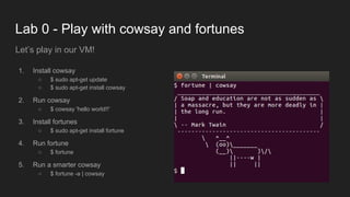Lab 0 - Play with cowsay and fortunes
1. Install cowsay
○ $ sudo apt-get update
○ $ sudo apt-get install cowsay
2. Run cowsay
○ $ cowsay 'hello world!!'
3. Install fortunes
○ $ sudo apt-get install fortune
4. Run fortune
○ $ fortune
5. Run a smarter cowsay
○ $ fortune -a | cowsay
Let’s play in our VM!
 