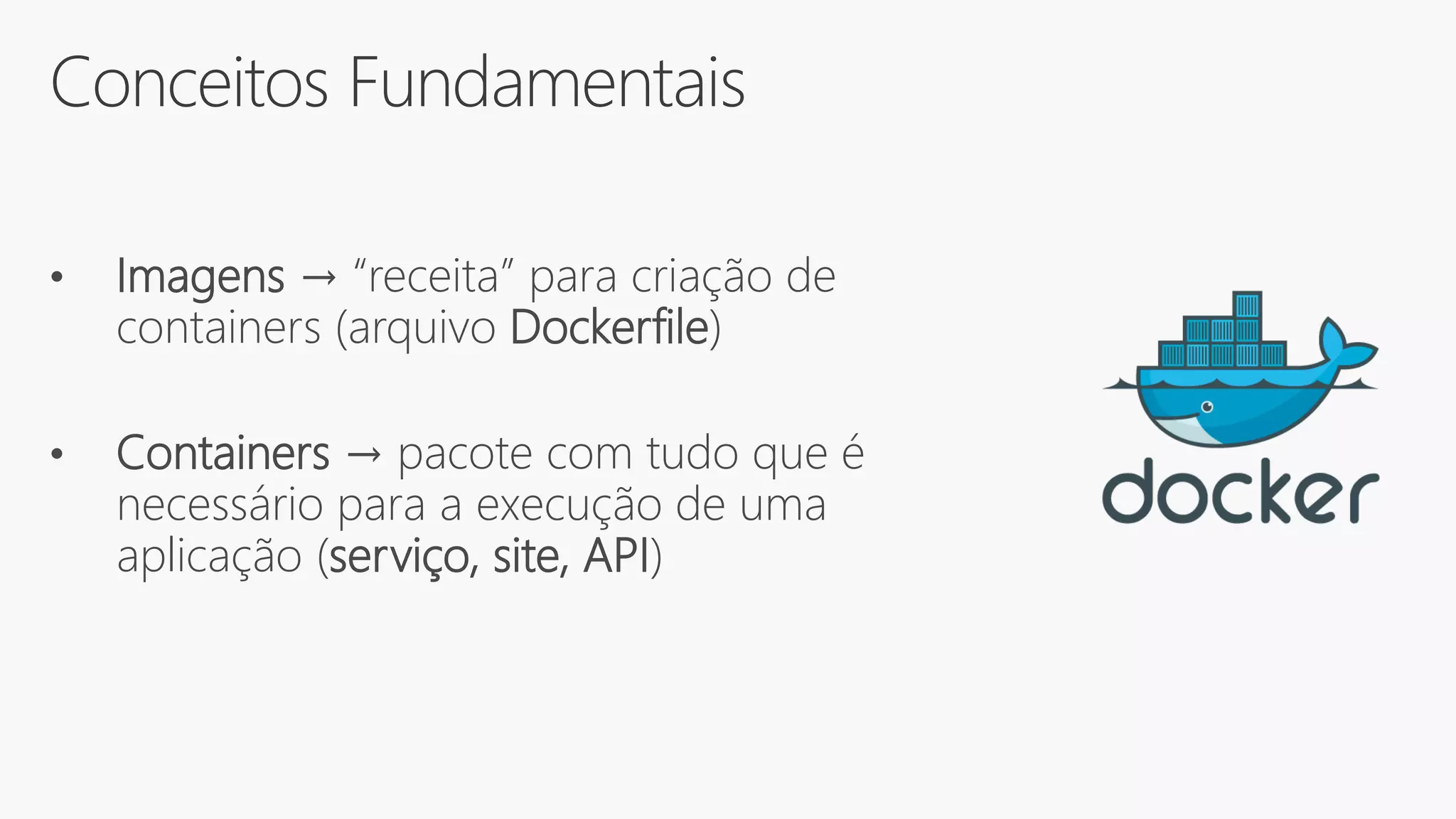 Conceitos Fundamentais
• Imagens → “receita” para criação de
containers (arquivo Dockerfile)
• Containers → pacote com tudo que é
necessário para a execução de uma
aplicação (serviço, site, API)
 