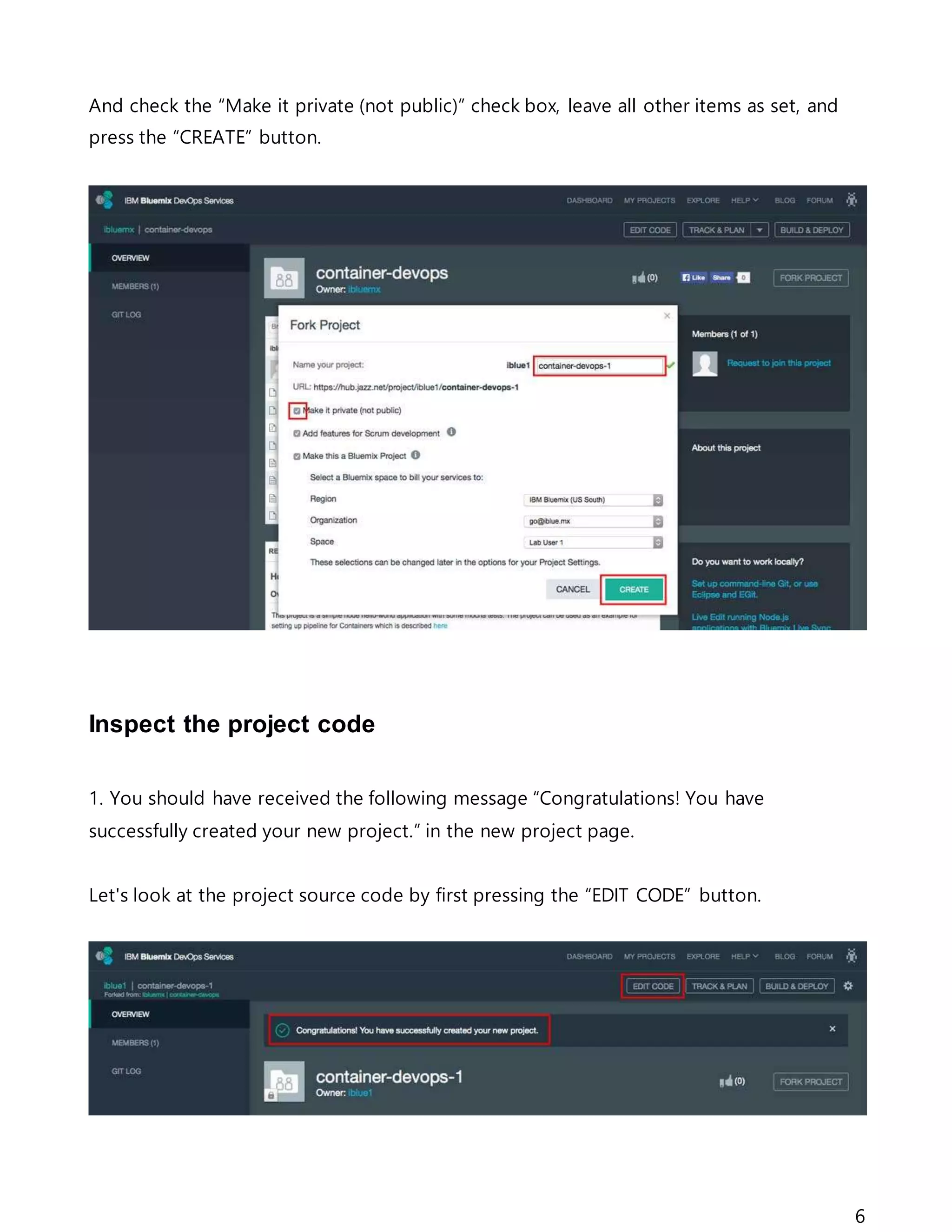 6
And check the “Make it private (not public)” check box, leave all other items as set, and
press the “CREATE” button.
Inspect the project code
1. You should have received the following message “Congratulations! You have
successfully created your new project.” in the new project page.
Let's look at the project source code by first pressing the “EDIT CODE” button.
 
