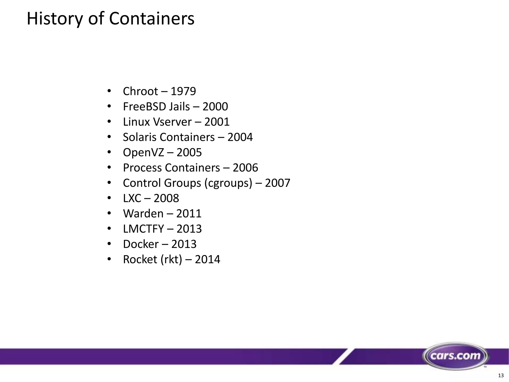 13
History of Containers
• Chroot – 1979
• FreeBSD Jails – 2000
• Linux Vserver – 2001
• Solaris Containers – 2004
• OpenVZ – 2005
• Process Containers – 2006
• Control Groups (cgroups) – 2007
• LXC – 2008
• Warden – 2011
• LMCTFY – 2013
• Docker – 2013
• Rocket (rkt) – 2014
 
