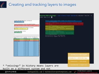 techupskills.com | techskillstransformations.com
© 2021 Brent C. Laster &
@techupskills
Creating and tracking layers to images
3f00bed1e02a | COPY dir:6a0…
ba16edb35eb9 | mysql:5.5.45
24f4da862742 | ENTRYPOINT
["/ent……
19e729dca1ee | CMD ["mysqld"]
* ”<missing>” in history means layers are
built on a different system and not
available locally
 