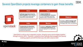 Several OpenStack projects leverage containers to gain these benefits
6
A Docker hypervisor driver for
Nova Compute to tre...