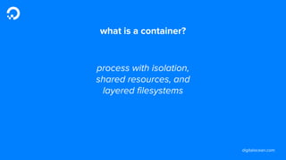 digitalocean.com
what is a container?
process with isolation,
shared resources, and
layered filesystems
 