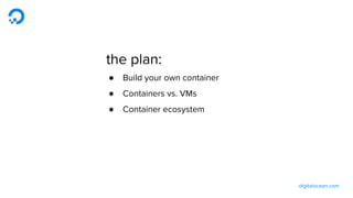 digitalocean.com
the plan:
● Build your own container
● Containers vs. VMs
● Container ecosystem
 
