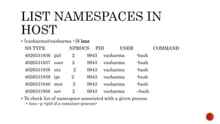  [vasharma@vasharma ~]$ lsns
NS TYPE NPROCS PID USER COMMAND
4026531836 pid 2 9943 vasharma -bash
4026531837 user 2 9943 vasharma -bash
4026531838 uts 2 9943 vasharma -bash
4026531839 ipc 2 9943 vasharma -bash
4026531840 mnt 2 9943 vasharma -bash
4026531956 net 2 9943 vasharma –bash
 To check list of namespace associated with a given process
 lsns –p <pid of a container process>
 