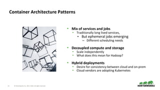 11 © Hortonworks Inc. 2011–2018. All rights reserved.
• Mix of services and jobs
• Traditionally long lived services,
• But ephemeral jobs emerging
– Different scheduling needs
• Decoupled compute and storage
• Scale independently
• What does this mean for Hadoop?
• Hybrid deployments
• Desire for consistency between cloud and on-prem
• Cloud vendors are adopting Kubernetes
Container Architecture Patterns
 