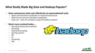 14 © Hortonworks Inc. 2011–2018. All rights reserved.
• Store and process data cost effectively at unprecedented scale
• Batch and interactive workloads on shared infrastructure
• Multi-tenant resource allocation capabilities
• Scale out – data, IO, compute using commodity hardware
• Much more evolved today ...
• Security & Governance systems
• BI tooling
• Operational tooling
• Serving systems
• ML
• AI
• Streaming
• SQL
• ...
What Really Made Big Data and Hadoop Popular?
 