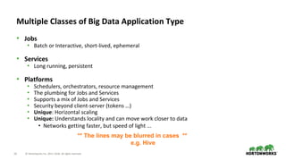 16 © Hortonworks Inc. 2011–2018. All rights reserved.
• Jobs
• Batch or Interactive, short-lived, ephemeral
• Services
• Long running, persistent
• Platforms
• Schedulers, orchestrators, resource management
• The plumbing for Jobs and Services
• Supports a mix of Jobs and Services
• Security beyond client-server (tokens …)
• Unique: Horizontal scaling
• Unique: Understands locality and can move work closer to data
• Networks getting faster, but speed of light ...
Multiple Classes of Big Data Application Type
** The lines may be blurred in cases **
e.g. Hive
 