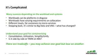 19 © Hortonworks Inc. 2011–2018. All rights reserved.
• Workloads can be platforms in disguise
• Workloads have varying requirements on collocation
• Different levels, fat containers to micro-services
• Stepping back, it’s similar to Big Data and VMs – what has changed?
Understand your goal for containerizing
• Consolidation, Utilization, Simplify/Unify
• Is it side-by-side or YARN on K8S?
There are tradeoffs – you may achieve one goal but lose on another
It’s Complicated
Many nuances depending on the workload and systems
 