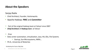 2 © Hortonworks Inc. 2011–2018. All rights reserved.
About the Speakers
Sanjay Radia
• Chief Architect, Founder, Hortonworks
• Apache Hadoop PMC and Committer
• Part of the original Hadoop team at Yahoo! since 2007
• Chief Architect of Hadoop Core at Yahoo!
• Prior
• Data center automation, virtualization, Java, HA, OSs, File Systems
• Startup, Sun Microsystems, INRIA…
• Ph.D., University of Waterloo
Page 2
Architecting the Future of Big Data
 
