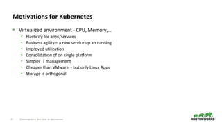 45 © Hortonworks Inc. 2011–2018. All rights reserved.
Motivations for Kubernetes
• Virtualized environment - CPU, Memory,…
• Elasticity for apps/services
• Business agility – a new service up an running
• Improved utilization
• Consolidation of on single platform
• Simpler IT management
• Cheaper than VMware - but only Linux Apps
• Storage is orthogonal
 