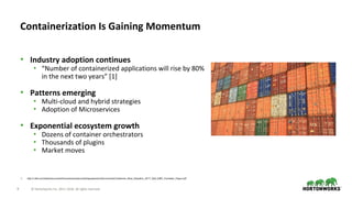 9 © Hortonworks Inc. 2011–2018. All rights reserved.
• Industry adoption continues
• “Number of containerized applications will rise by 80%
in the next two years” [1]
• Patterns emerging
• Multi-cloud and hybrid strategies
• Adoption of Microservices
• Exponential ecosystem growth
• Dozens of container orchestrators
• Thousands of plugins
• Market moves
Containerization Is Gaining Momentum
1. http://i.dell.com/sites/doccontent/business/solutions/whitepapers/en/Documents/Containers_Real_Adoption_2017_Dell_EMC_Forrester_Paper.pdf
 
