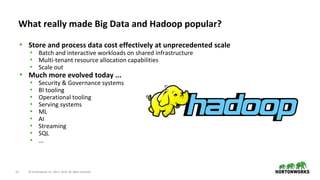 12 © Hortonworks Inc. 2011–2018. All rights reserved.
• Store and process data cost effectively at unprecedented scale
• Batch and interactive workloads on shared infrastructure
• Multi-tenant resource allocation capabilities
• Scale out
• Much more evolved today ...
• Security & Governance systems
• BI tooling
• Operational tooling
• Serving systems
• ML
• AI
• Streaming
• SQL
• ...
What really made Big Data and Hadoop popular?
 