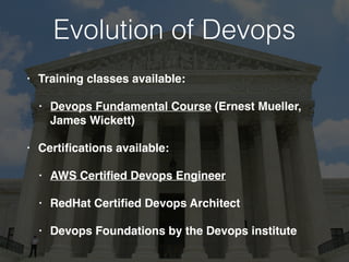 Evolution of Devops
• Training classes available:
• Devops Fundamental Course (Ernest Mueller,
James Wickett)
• Certiﬁcations available:
• AWS Certiﬁed Devops Engineer
• RedHat Certiﬁed Devops Architect
• Devops Foundations by the Devops institute
 