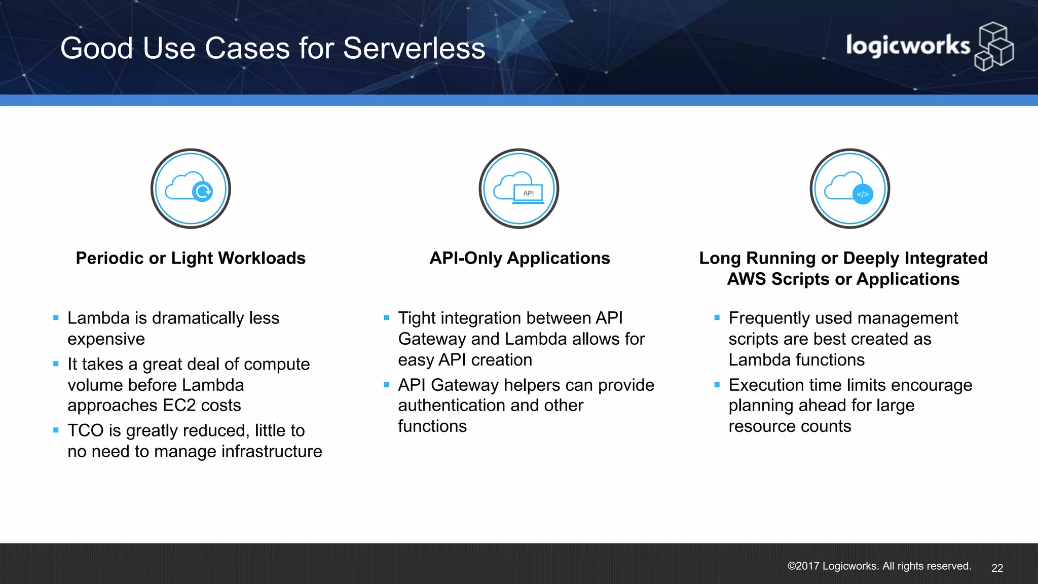 ©2017 Logicworks. All rights reserved. § Lambda is dramatically less expensive § It takes a great deal of compute volume before Lambda approaches EC2 costs § TCO is greatly reduced, little to no need to manage infrastructure Good Use Cases for Serverless 22 Periodic or Light Workloads API-Only Applications Long Running or Deeply Integrated AWS Scripts or Applications § Tight integration between API Gateway and Lambda allows for easy API creation § API Gateway helpers can provide authentication and other functions § Frequently used management scripts are best created as Lambda functions § Execution time limits encourage planning ahead for large resource counts </>API 