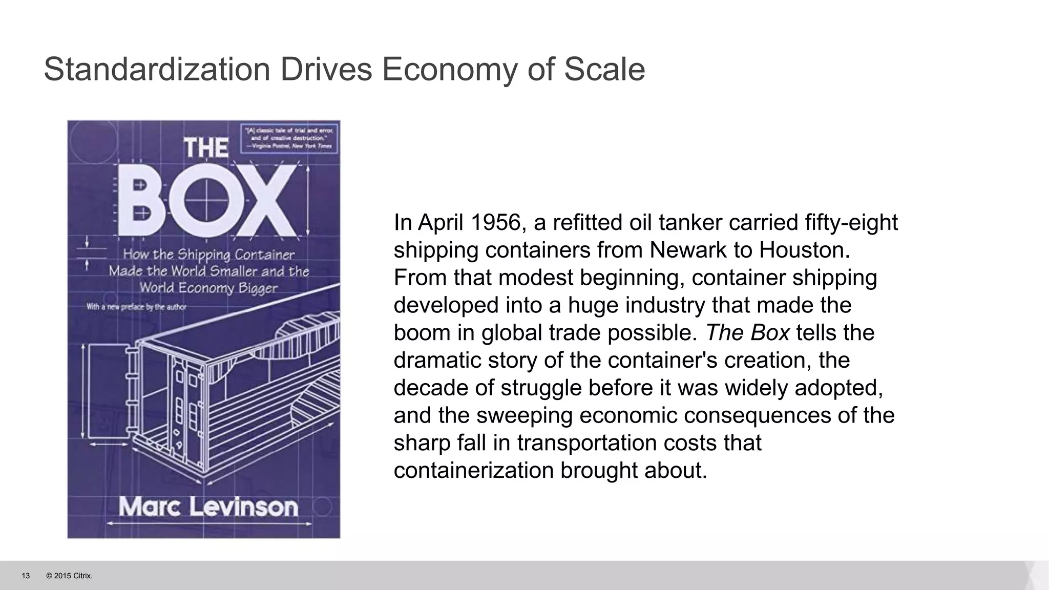 © 2015 Citrix.13
Standardization Drives Economy of Scale
In April 1956, a refitted oil tanker carried fifty-eight
shipping containers from Newark to Houston.
From that modest beginning, container shipping
developed into a huge industry that made the
boom in global trade possible. The Box tells the
dramatic story of the container's creation, the
decade of struggle before it was widely adopted,
and the sweeping economic consequences of the
sharp fall in transportation costs that
containerization brought about.
 