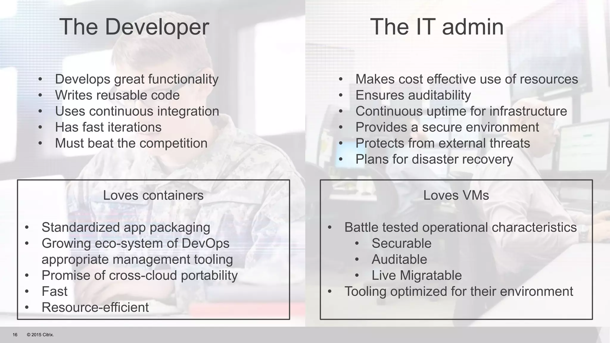 © 2015 Citrix.16
The Developer The IT admin
• Develops great functionality
• Writes reusable code
• Uses continuous integration
• Has fast iterations
• Must beat the competition
• Makes cost effective use of resources
• Ensures auditability
• Continuous uptime for infrastructure
• Provides a secure environment
• Protects from external threats
• Plans for disaster recovery
Loves containers
• Standardized app packaging
• Growing eco-system of DevOps
appropriate management tooling
• Promise of cross-cloud portability
• Fast
• Resource-efficient
Loves VMs
• Battle tested operational characteristics
• Securable
• Auditable
• Live Migratable
• Tooling optimized for their environment
 
