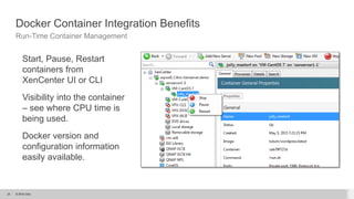 © 2015 Citrix.23
Docker Container Integration Benefits
Run-Time Container Management
Start, Pause, Restart
containers from
XenCenter UI or CLI
Visibility into the container
– see where CPU time is
being used.
Docker version and
configuration information
easily available.
 