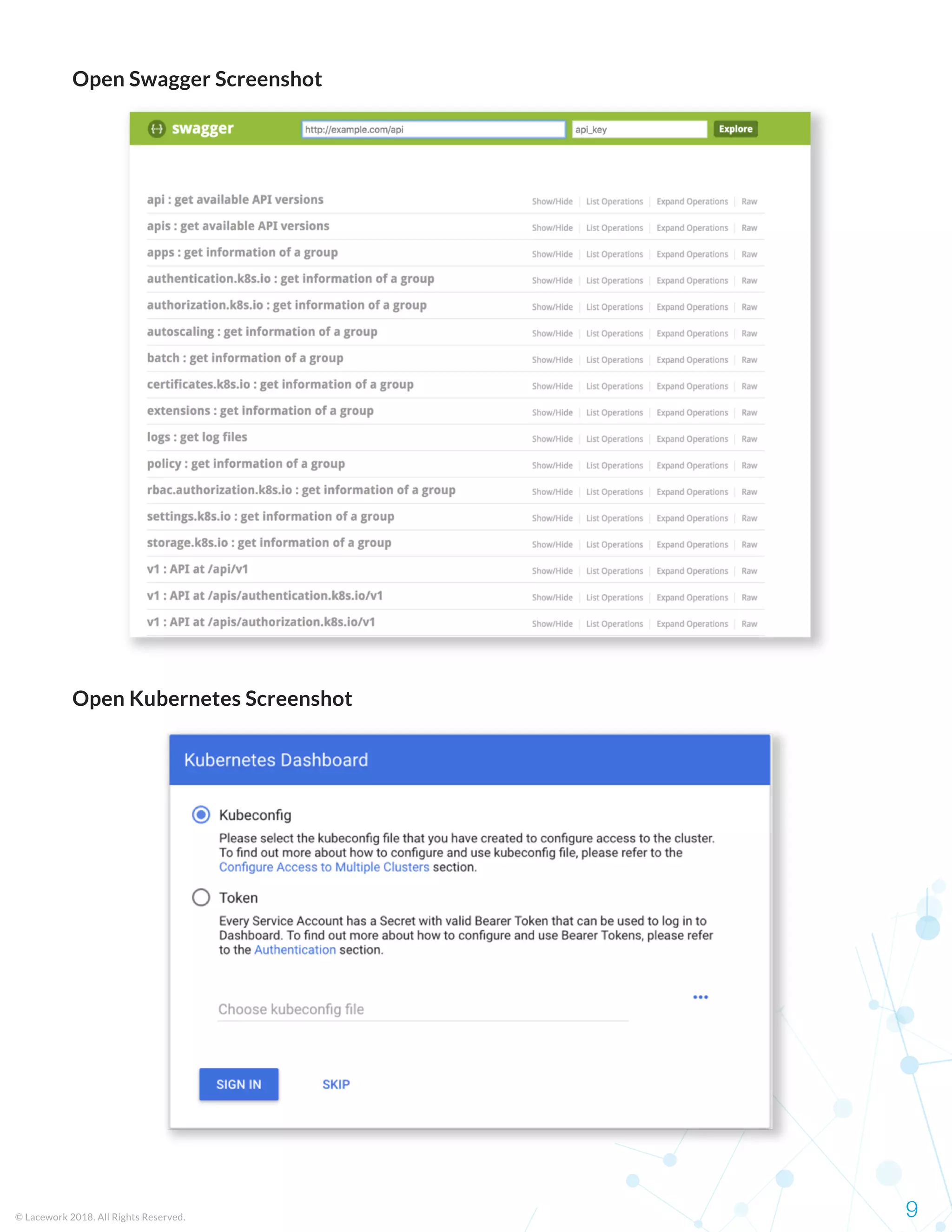 Open Swagger Screenshot
Open Kubernetes Screenshot
© Lacework 2018. All Rights Reserved. 9
 